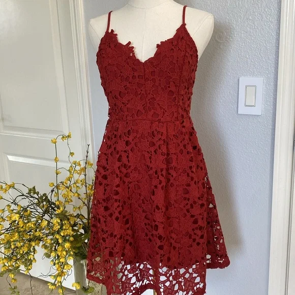 ASTR Red Lace Overlay Mini A-Line Dress Size M ASTR Red Lace Overlay Mini A-Line Dress Size M